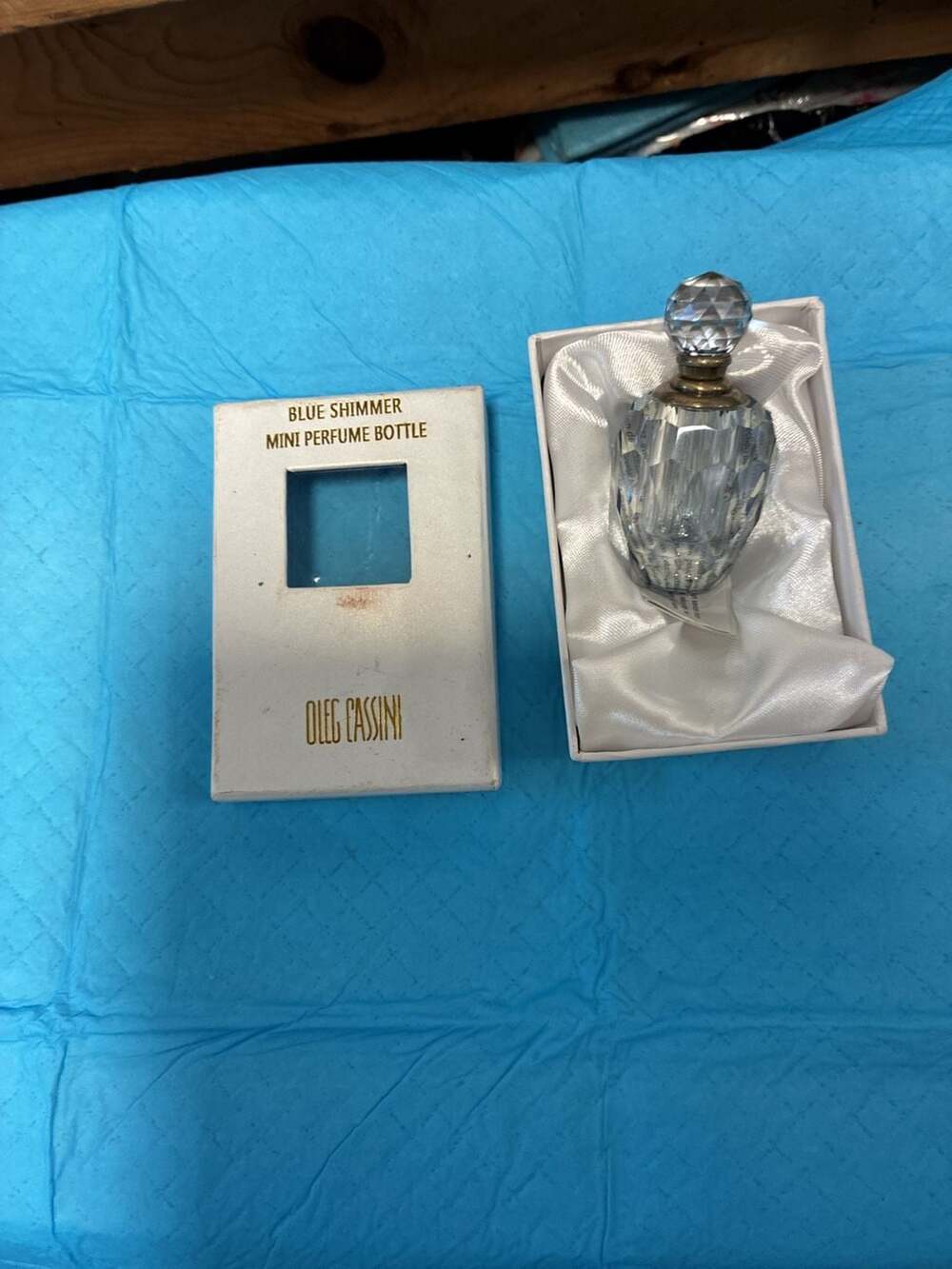Oleg Cassini Blue Shimmer Mini Cut Crystal Perfume Bottle with Original Box